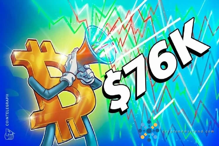 CryptoQuant：比特币在涨至 7.6 万美元后遭遇“近期抛售压力”