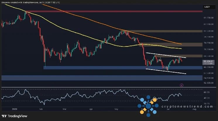 تتجه عملة البيتكوين إلى أقل من 60 ألف دولار بعد رفض 65.5 ألف دولار.