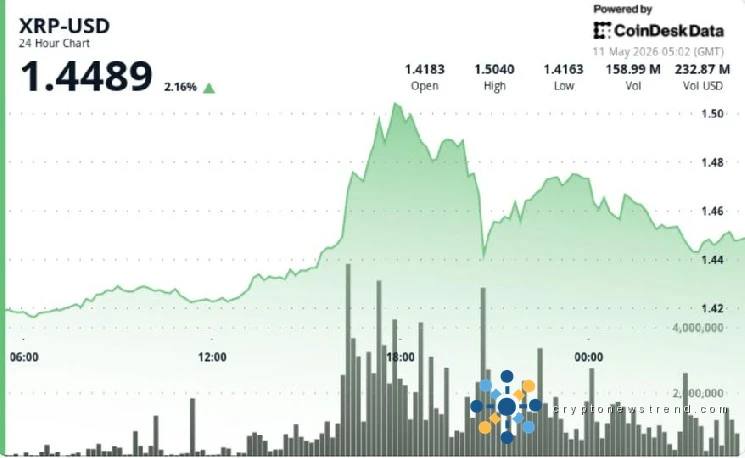 Ripple's XRP token surges ahead of top cryptos with a 2.5% gain, clearing the $1.45 hurdle.